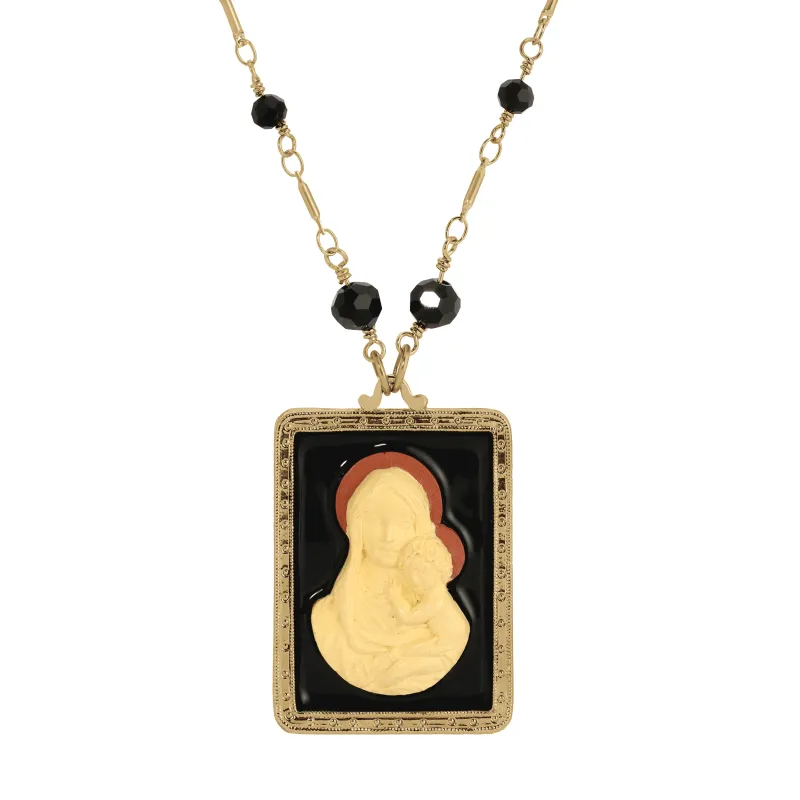Symbol of Faith Rectangular Madonna And Child Cameo Black Enamel Pendant Necklace 30"