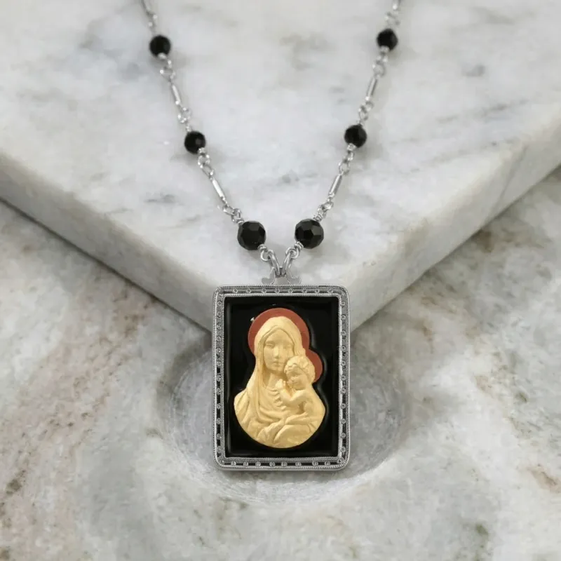 Symbol of Faith Rectangular Madonna And Child Cameo Black Enamel Pendant Necklace 30"