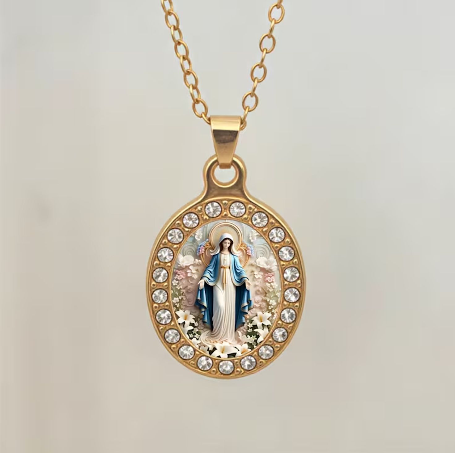 Medal with Display Case, Style: Our Lady of Grace with Diamond Studs
