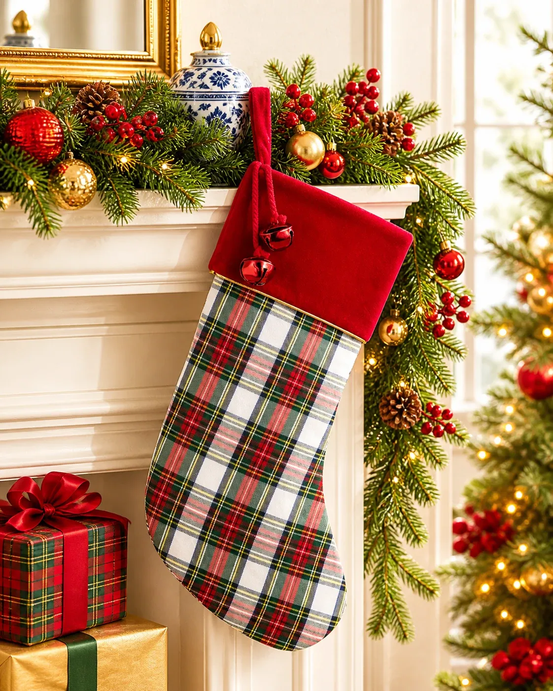 Stocking White Plaid with Bells