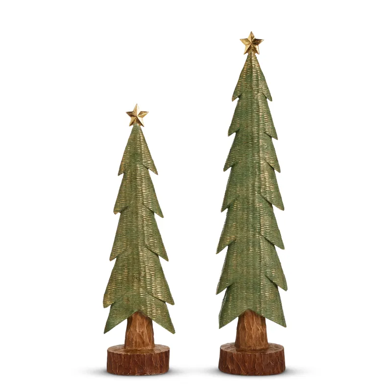19" Green Glittered Carved Trees (Set of 2)