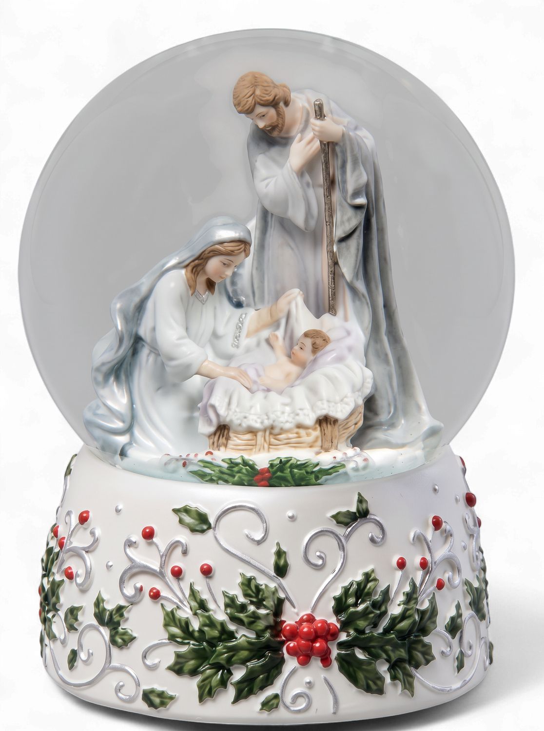 Holy Family with Holly Berry Silver Swirl 120mm Musical Dome