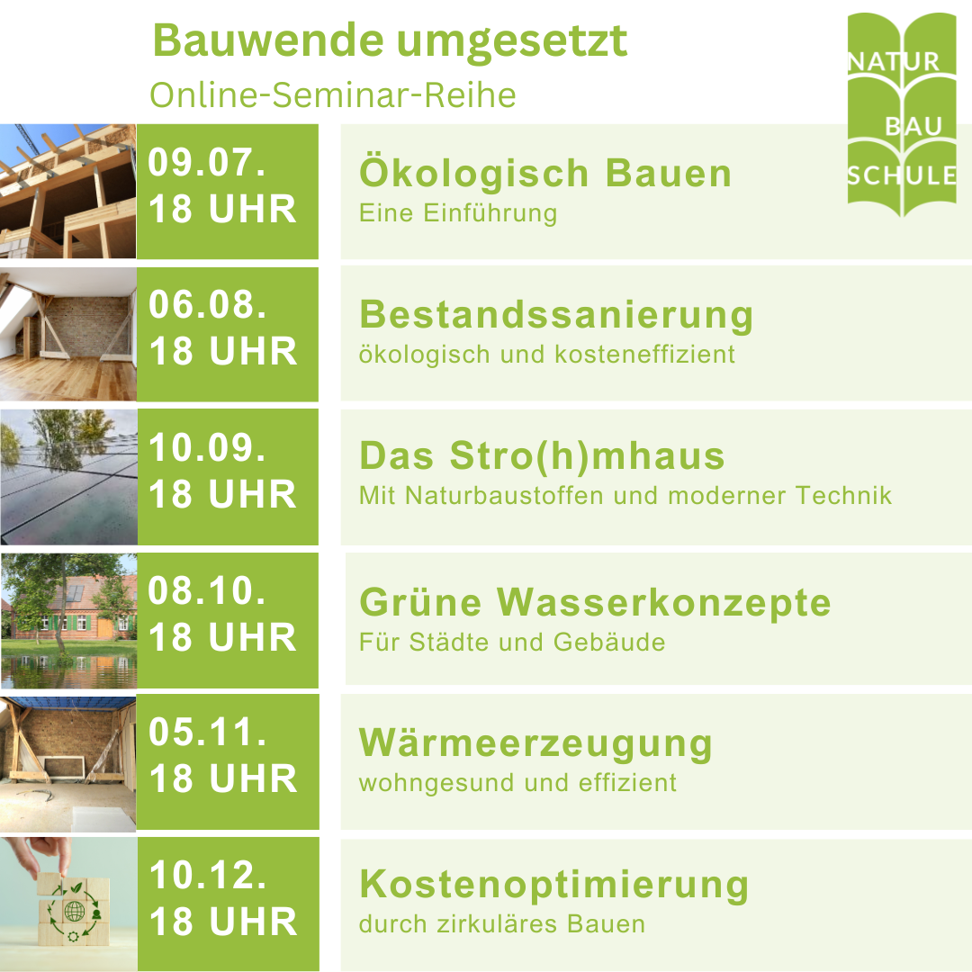 Bauwende umgesetzt - Online Seminar-Reihe | 09.07. | 06.08. | 10.09. | 08.10. | 05.11. | 10.12.2025 jeweils 18 Uhr