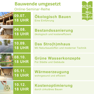Bauwende umgesetzt - Online Seminar-Reihe | 09.07. | 06.08. | 10.09. | 08.10. | 05.11. | 10.12.2025 jeweils 18 Uhr