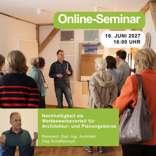 Nachhaltigkeit als Wettbewerbsvorteil für Architektur- und Planungsbüros | 10.06.2027 | 16:00 Uhr | 90 min Nachhaltigkeit als Wettbewerbsvorteil für Architektur- und Planungsbüros | 10.06.2027 | 16:00 Uhr | 90 min