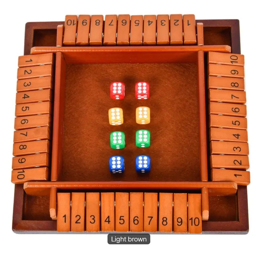 Shut the Box – 4 Player Wooden Dice Game (Dark Brown/Light Brown)