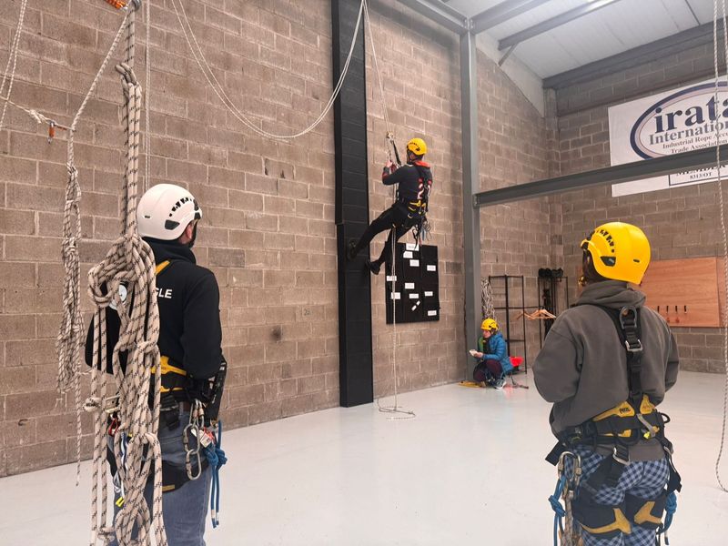 Rope Access Taster Day Rope access taster day participants trying practical rope techniques at Dangle Academy in Belfast