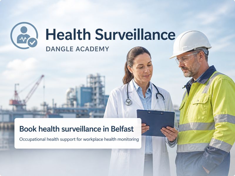 Health surveillance in Belfast at Dangle Academy with a doctor and worker in PPE for workplace health screening.
