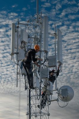 Telecoms workers climbing RF-emitting mast during EUSR Radio Frequency Awareness training in Belfast