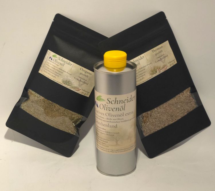 Mediterranes Kräuter- und Olivenöl-Set mit 0,5 Liter Olivenöl