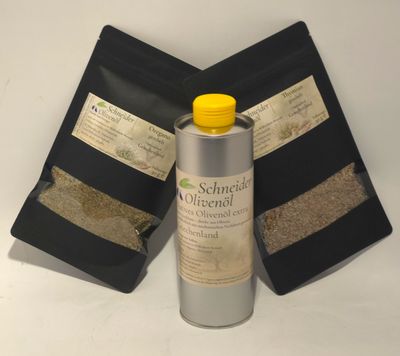 Mediterranes Kräuter- und Olivenöl-Set mit 0,5 Liter Olivenöl