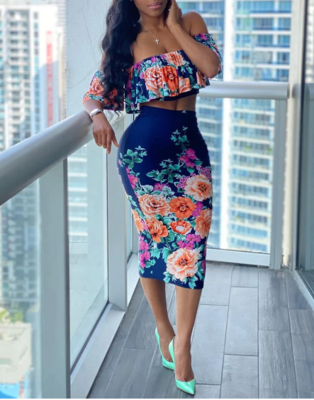 Off Shoulder Floral Print Ruffles Top &amp; Skirt Set