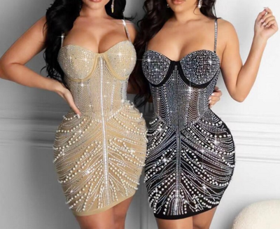 Sexy Glitter Pearl Crystal Mini Dress