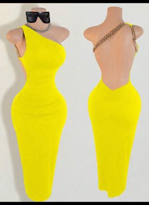 BamGleam Women&#39;s Sexy Spaghetti Strap Chain Decor Backless Long Dress