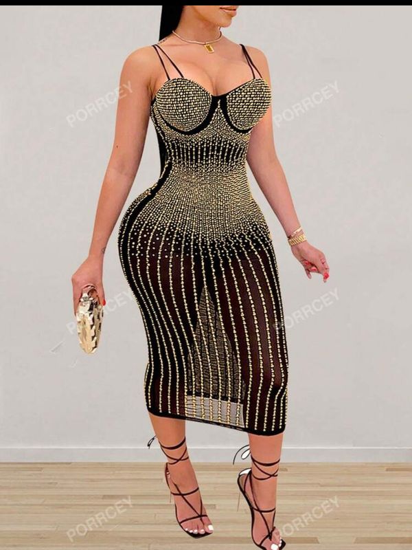 Rhinestone Studded Detail Bustier Cami Bodycon Dress