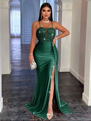 Back Zip Up Backless Spaghetti Strap Sequin Spliced Maxi High Waist And Side Slit