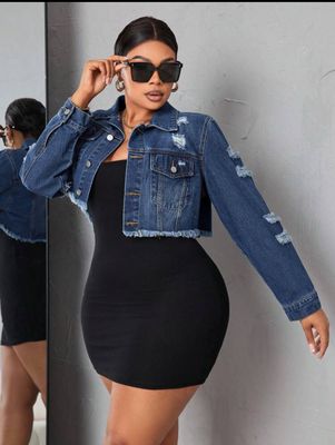 Plus Size Front Button Frayed Trim Long Sleeve Ripped Denim Jacket