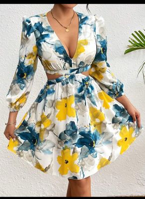 Floral Print Deep V-Neck Hollow Out Waist Dress Vacation Beach Outfit