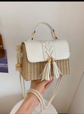 Tropiscape Tassel Woven Box,Handbag With Contrast Color Patchwork Flap,Rope Shoulder Strap
