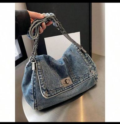 Retro Wash Jeans Material Metal Chain Shoulder Bag