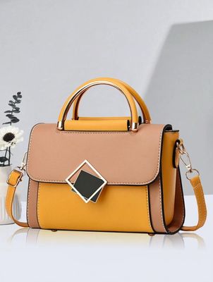 Square Handbag, Shoulder Bag With Color-Blocking Flap