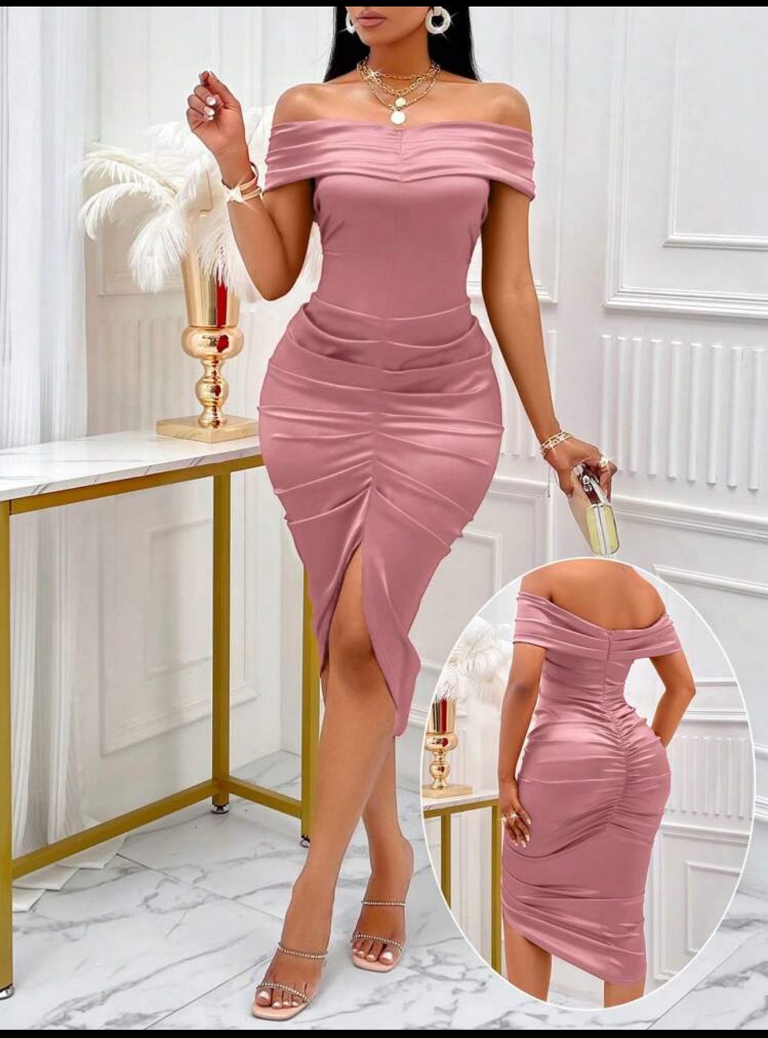 Off Shoulder Ruched Side Satin Asymmetrical Hem Dress