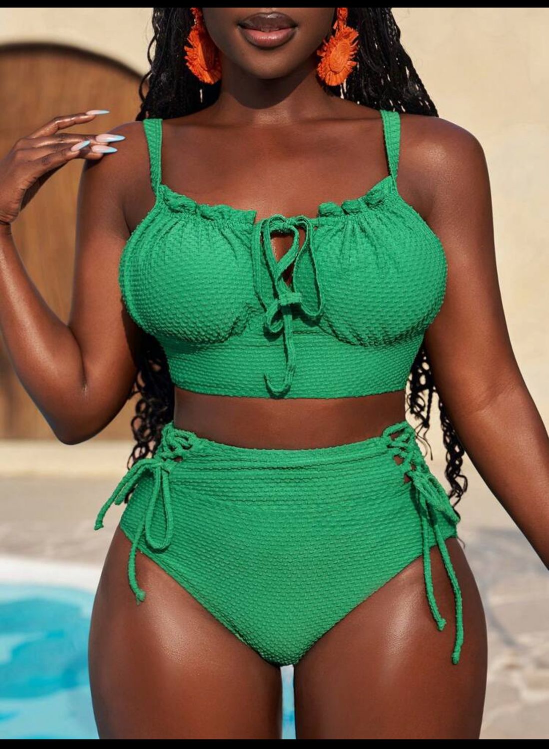 2pcs Sexy Green Women Swimsuit Set For Vacation, Tank Tops