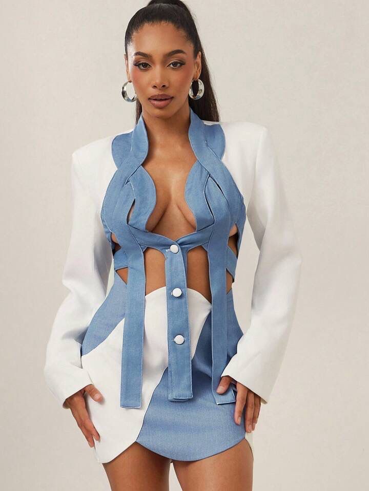 Weave Detail Cropped Blazer With Shoulder Pads With Skirt