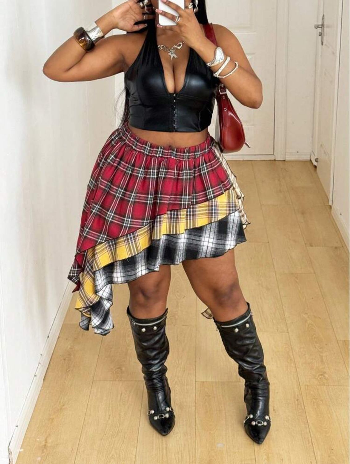 Hiphop Street Punk Patchwork Plaid Asymmetrical Multi-Layer Cake Skirt Only