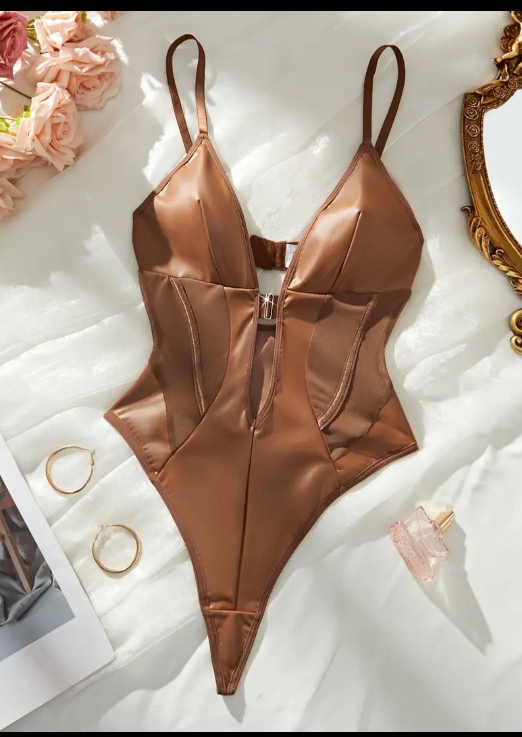 Khaki Deep V-Neck Strapless Bodysuit