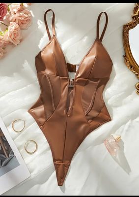 Khaki Deep V-Neck Strapless Bodysuit