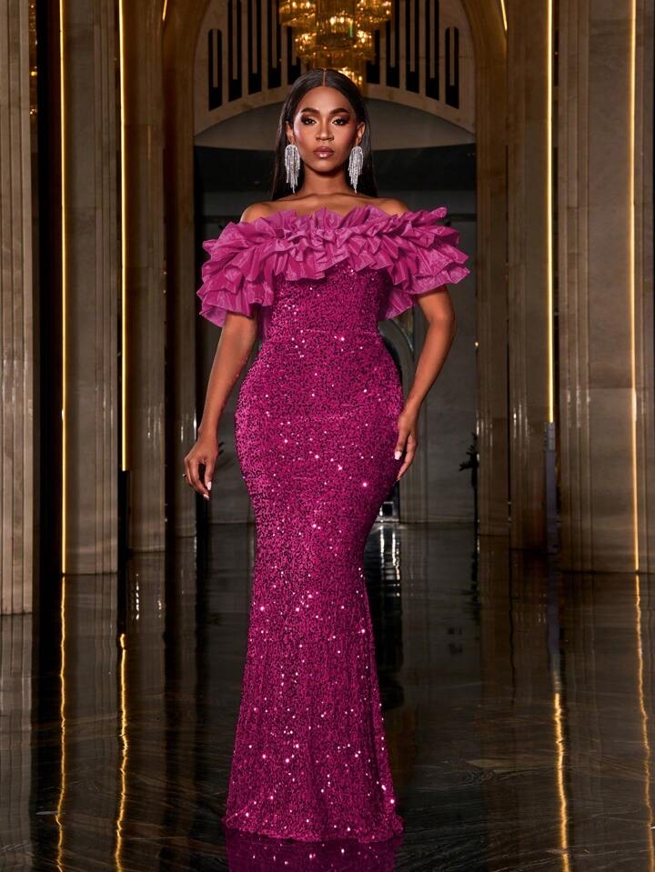 Layered Ruffle Trim Off Shoulder Sequin Mermaid Dress img