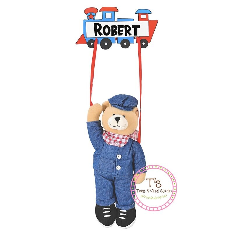 Personalized Bear Train Conductor Wall Hanging