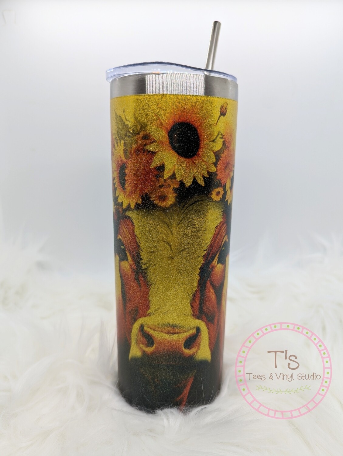 Sunflower Highland Cow Yellow Gold Silver Tumbler