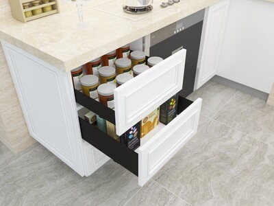 Unihopper Superslim COBOX drawer with 2mm steel sides, soft-close runners, and dark mocha-grey finish