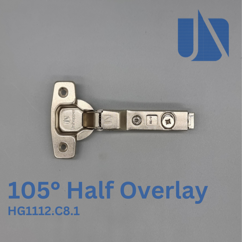 Unihopper 105° Half Overlay. Soft Close Clip on 3D Safety Hinge  (plate sold separately)