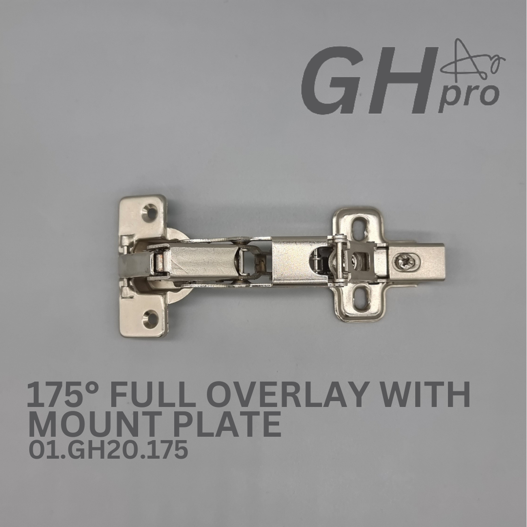 GH-Pro 175° Full Overlay.
Soft Close Clip on Hinge with Mounting Plate