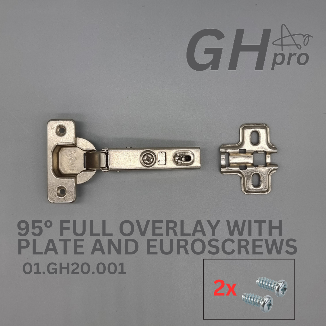 GH-Pro 95° Full Overlay.  Soft Close Clip on Hinge with Mounting Plate and Euroscrews SOLD IN PAIRS, PRICE IS PER UNIT