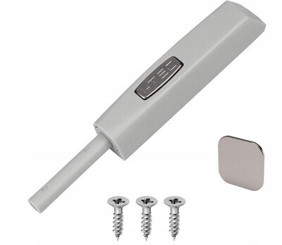 ITEC T5 magnetic push catch with grey cover, strike plate, and screws for surface or flush mounting

