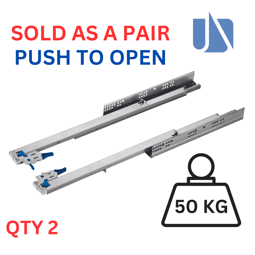50KG Heavy Duty - Full Extension Push to Open Undermount Runners with 3D Clips
