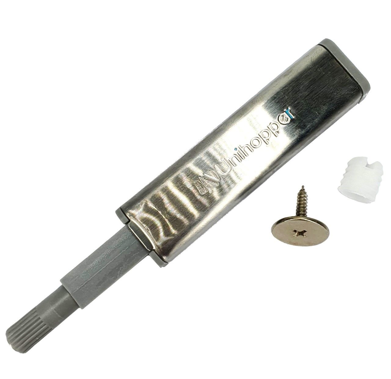 Light grey Unihopper surface-mounted magnetic push catch with door plate, 11mm low profile