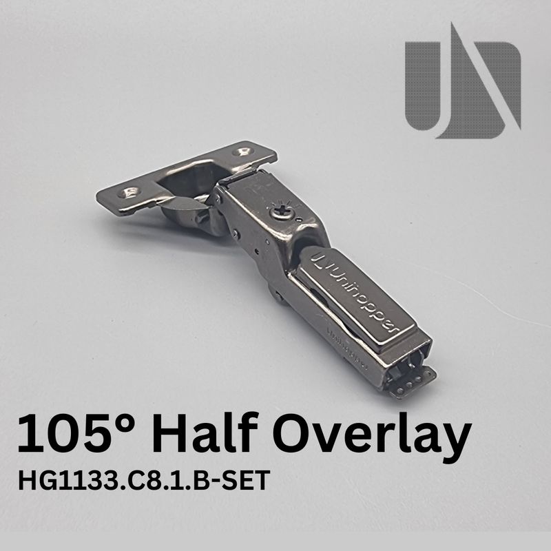 Unihopper Hutton Jet Black - 105° Half Overlay Adjustable Soft-Close Hinge  + 3D Plate Kit