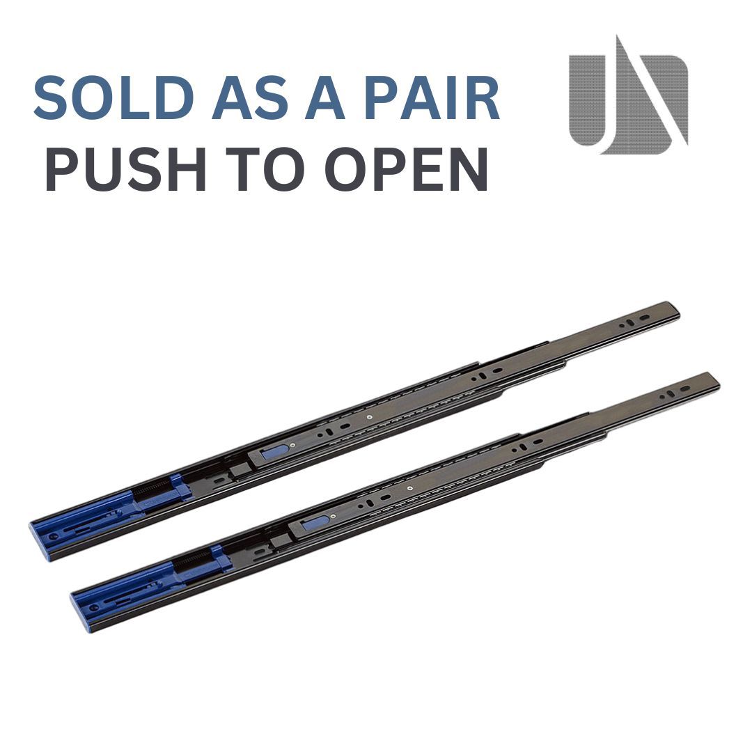 Black Unihopper push to open full extension drawer runners, shown as a pair.