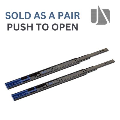 Black Unihopper push to open full extension drawer runners, shown as a pair.