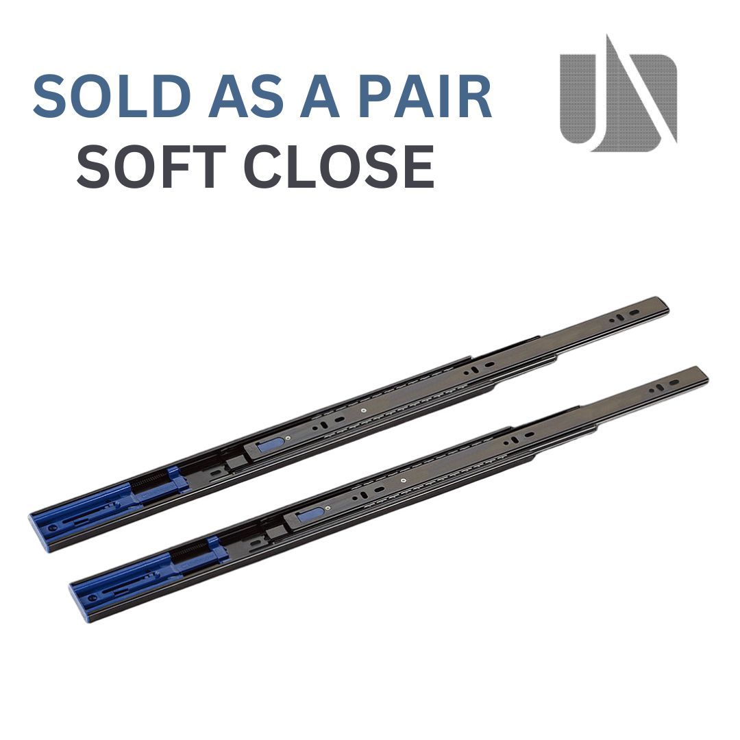 Black Unihopper full extension soft-close drawer runners, shown as a pair.