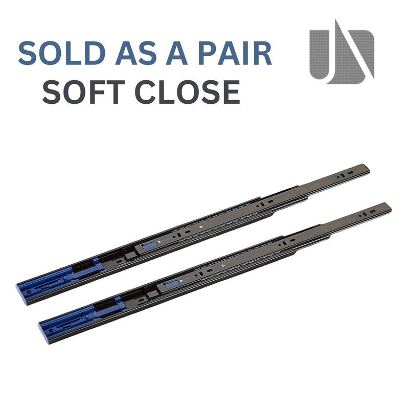 Black Unihopper full extension soft-close drawer runners, shown as a pair.