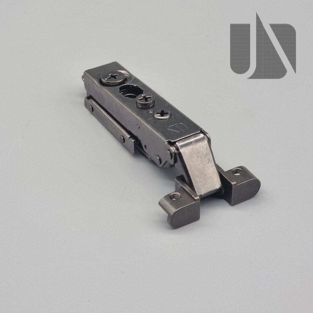 Unihopper black 105° full overlay hinge on inline plate with adjustable soft-close