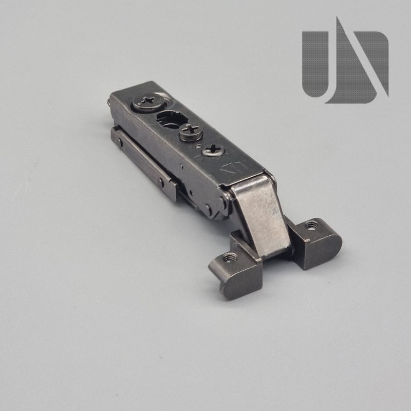 Unihopper black 105° full overlay hinge on inline plate with adjustable soft-close