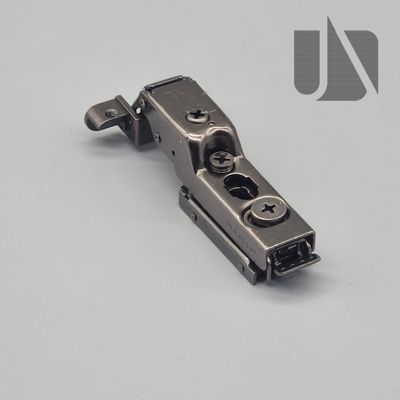 Unihopper black 105° half overlay hinge on inline plate with adjustable soft-close