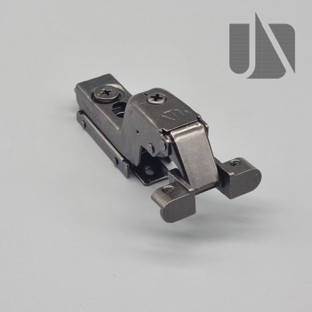 Unihopper black 105° inset hinge on inline plate with adjustable soft-close